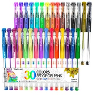 Set of 30 colorful gel pens in glitter, neon, pastel, and metallic.