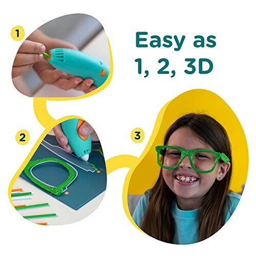 Steps for using 3D printing pen with a smiling girl wearing 3D glasses.