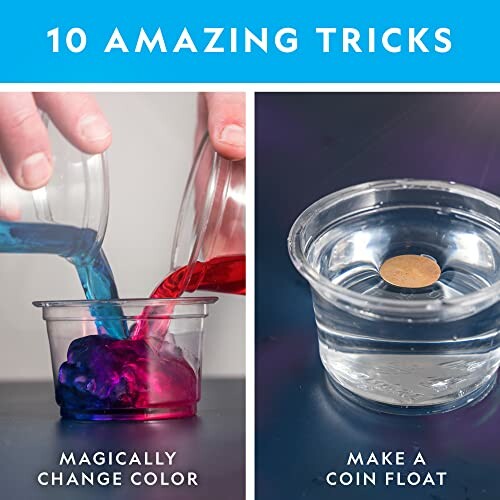 Two science tricks: changing liquid color and floating coin.