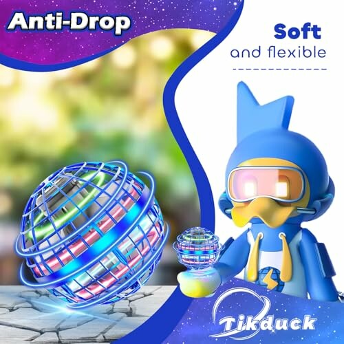 Flying toy with anti-drop feature held by blue figure.