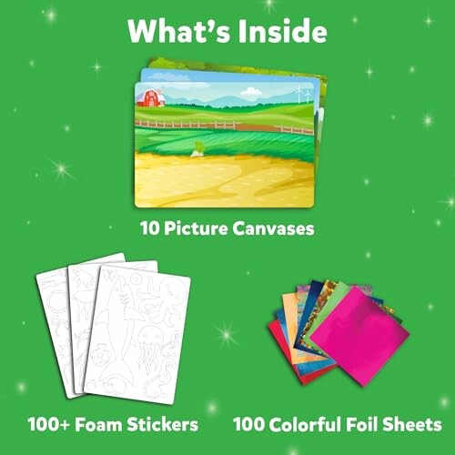 Art kit contents showing picture canvases, foam stickers, and colorful foil sheets.