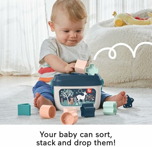 Baby playing with shape sorter toy on the floor.