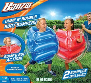 Kids playing with inflatable body bumpers in red and blue.