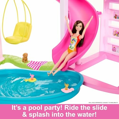 Barbie doll on a pool slide with a small pool and toys.