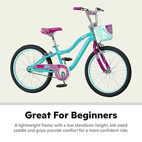 Teal and pink children's bicycle with basket.