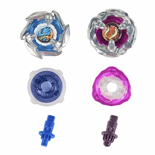 Two Beyblade tops with separate components.