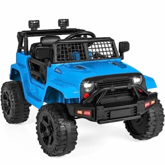 Blue kids ride-on jeep with large tires and headlights.