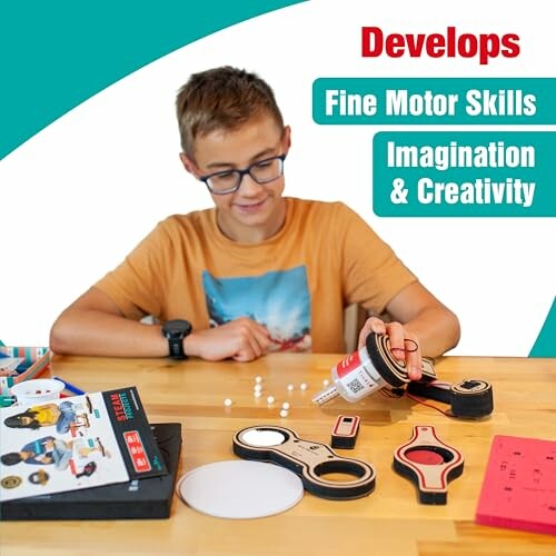 Boy assembling an educational toy to develop fine motor skills, imagination, and creativity.