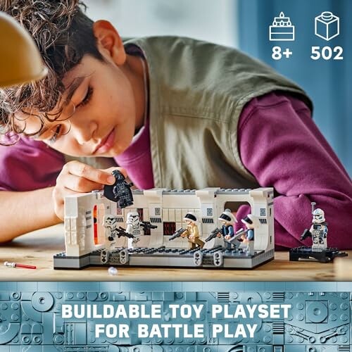 Child playing with buildable toy playset for battle.