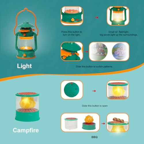 Toy lantern with light and campfire features, including flashlight and BBQ options.