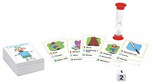 Charades for Kids game with cards, hourglass, and dice.