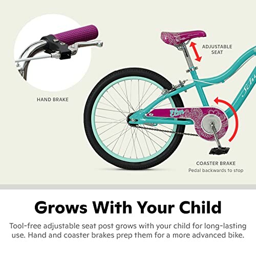 Child's bike with adjustable seat and brakes