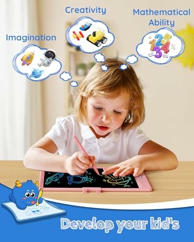 Child drawing on a tablet with imagination, creativity, and mathematical ability concepts.