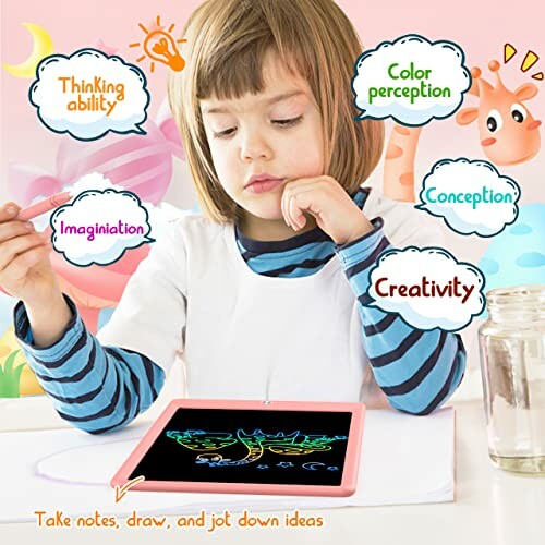 Child using a drawing tablet with educational benefits like creativity and imagination highlighted.