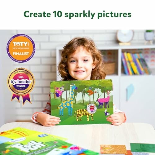 Child holding sparkly animal art with award badges.