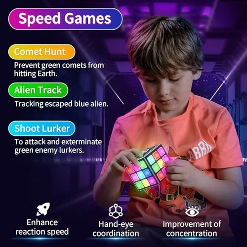 Child playing with a glowing cube under Speed Games instructions.