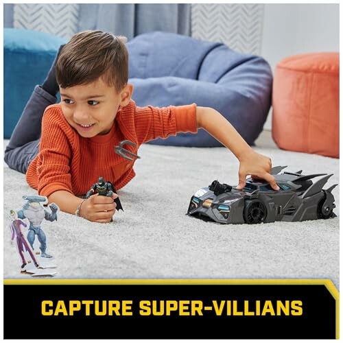 Child playing with a toy car and action figures on carpet.