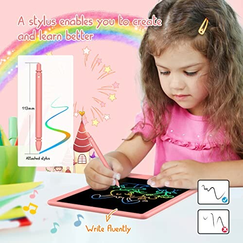 Child drawing on a tablet with a stylus, colorful design.