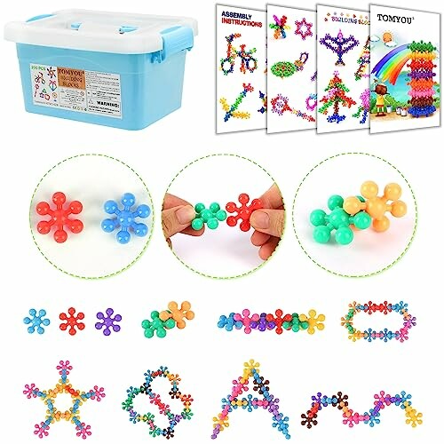 Colorful building toy set with interlocking pieces and instruction booklets.