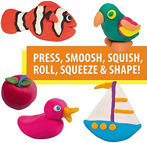 Colorful clay figures including a fish, bird, apple, duck, and sailboat with text 'Press, Smoosh, Squish, Roll, Squeeze & Shape!'