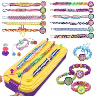 Various colorful friendship bracelets and a crafting kit.