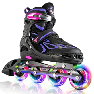 Black and purple inline skates with colorful LED wheels.