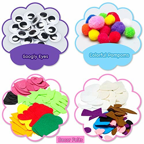 Craft supplies including googly eyes, colorful pompoms, and decor felts.