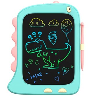 Colorful dinosaur-themed LCD writing tablet with doodles.