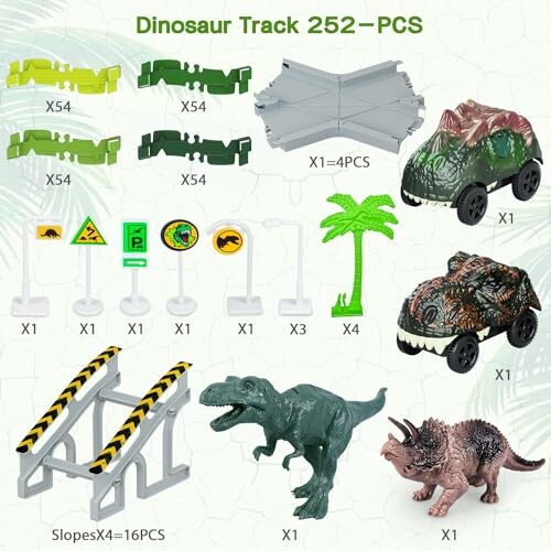 Dinosaur track toy set with cars, dinosaurs, and accessories.