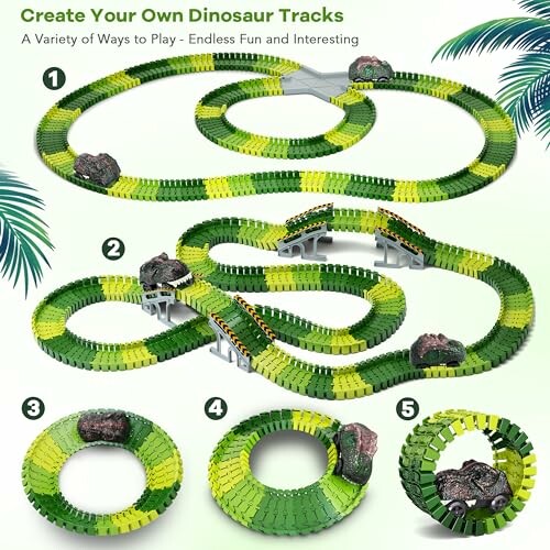 Five variations of a dinosaur tracks playset with green and yellow interlocking pieces and bridge elements.