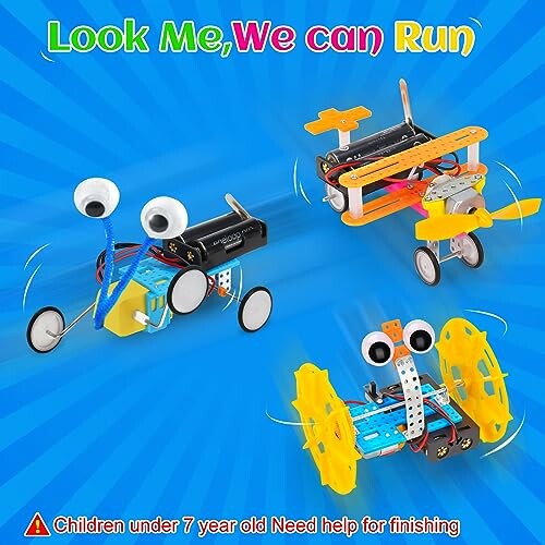 Colorful DIY robotic kits with eyes and wheels on a blue background.