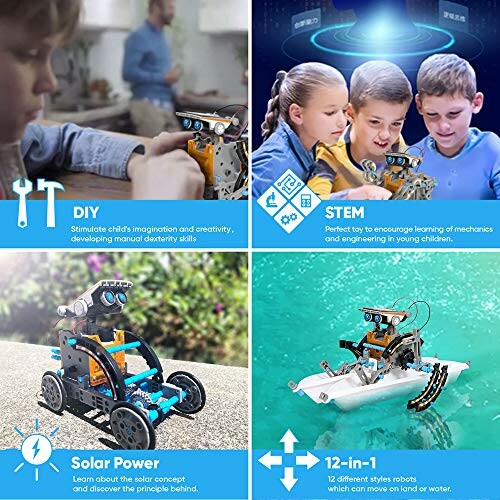 Collage of educational robotics kit showing DIY, STEM learning, solar power, and 12-in-1 modes.