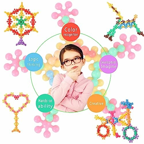 Child surrounded by colorful educational toy designs promoting skills like color recognition and creativity.