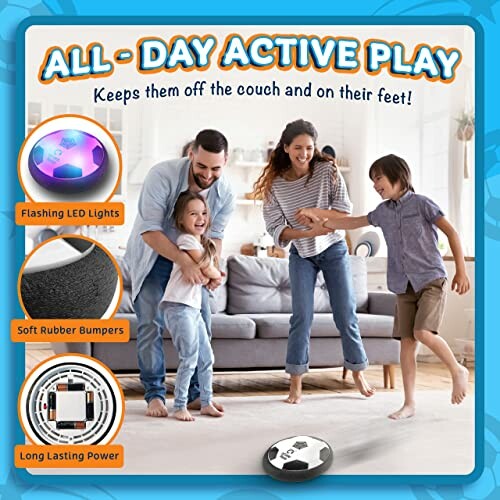 Family playing with a hover soccer ball indoors.