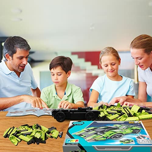 Family assembling green toy car with LEGO pieces on a table.