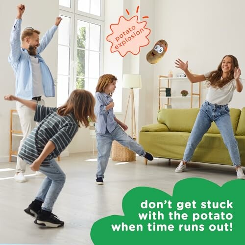 Family playing an energetic game indoors.