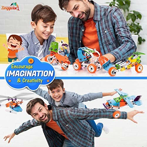 Father and son playing with colorful toy vehicles, promoting imagination and creativity.