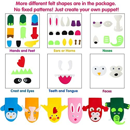 Felt puppet kit with various shapes for hands, feet, ears, horns, noses, eyes, teeth, and faces.