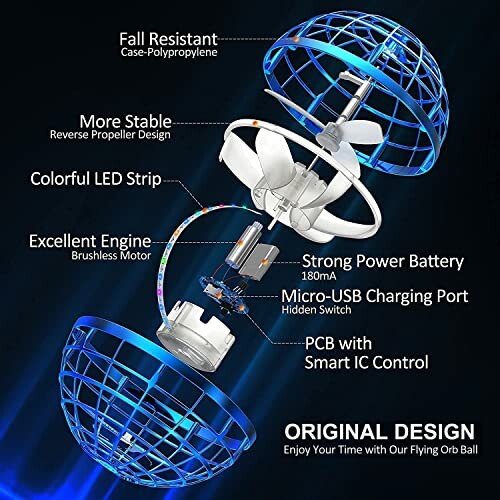 Exploded view of a flying orb ball with labeled parts.