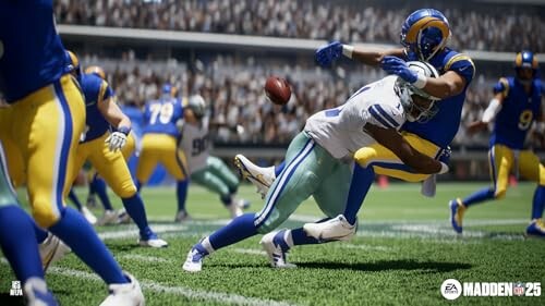 Football players tackling during a game in Madden NFL 25.