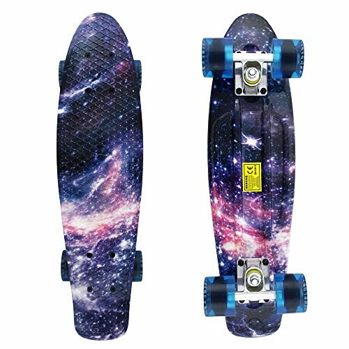 Two views of a skateboard with a galaxy print design and blue wheels.