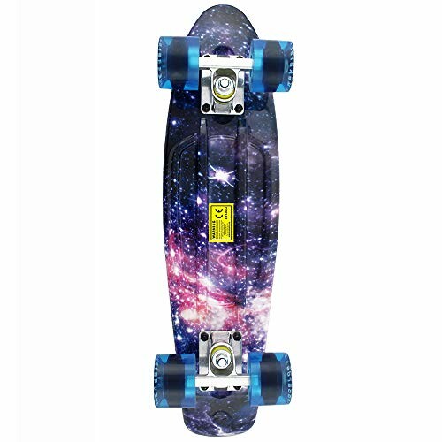 Skateboard with galaxy design and blue wheels