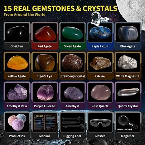 Collection of 15 real gemstones and crystals with accessories.