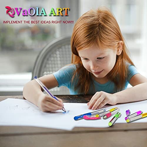 Young girl drawing with colorful markers on paper.