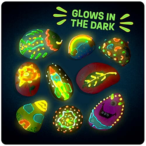 Colorful rocks with glow-in-the-dark paint designs.