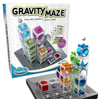 Gravity Maze falling marble logic game with colorful towers and game box.