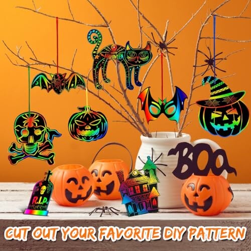 Colorful Halloween decorations on branches and pumpkins.