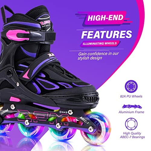 High-end inline skates with illuminating wheels and features description.