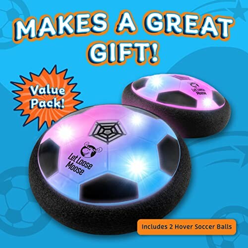 Two hover soccer balls with LED lights and text 'Makes a Great Gift! Value Pack! Includes 2 Hover Soccer Balls.'