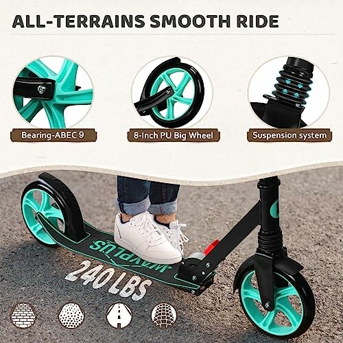 Kick scooter with ABEC 9 bearings, 8-inch PU wheels, and suspension system for smooth ride, supports up to 240 lbs.